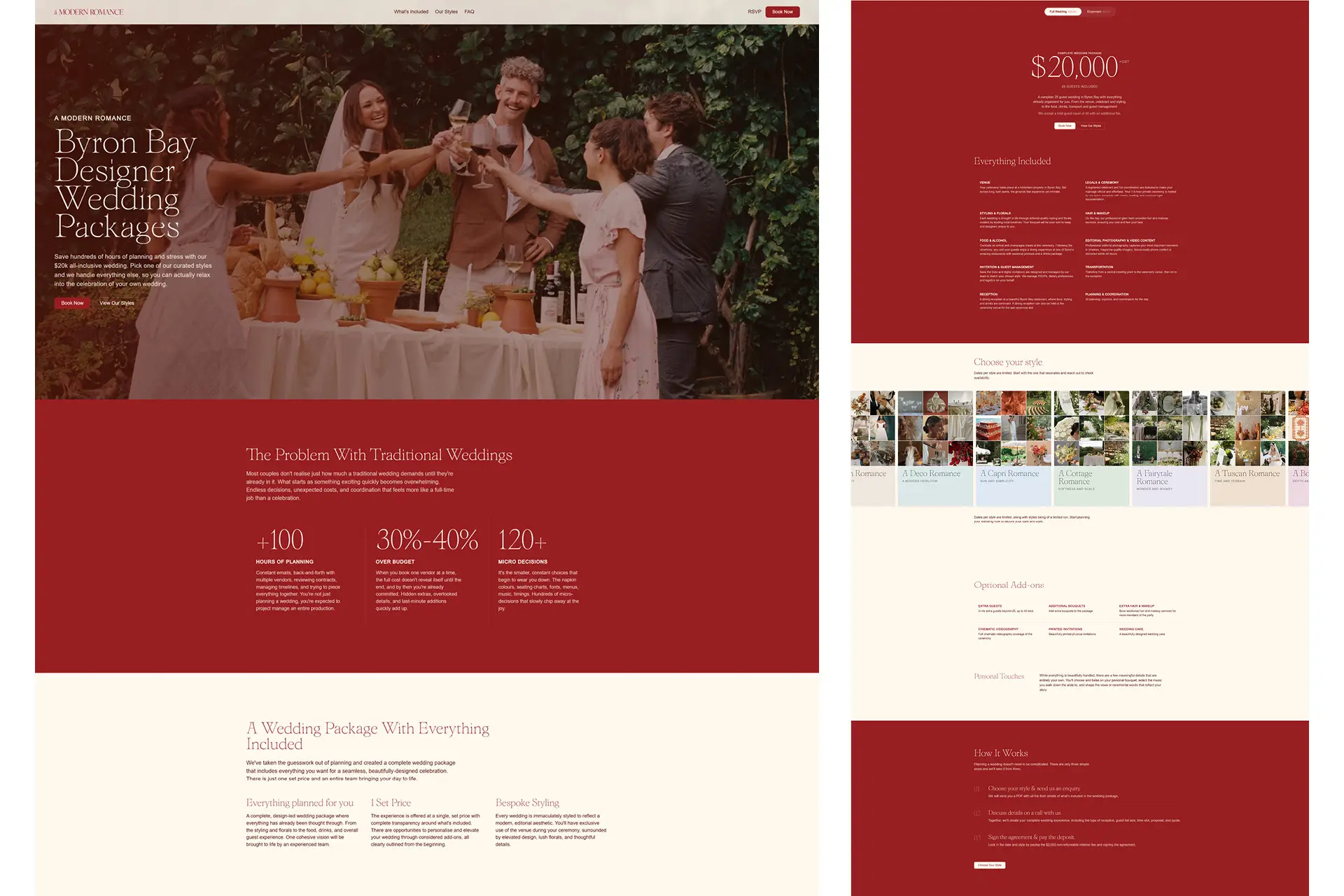 Full-length A Modern Romance website layout. The homepage shows a hero with a Byron Bay garden wedding toast scene, headlined "Byron Bay Designer Wedding Packages," followed by a problem/solution section with statistics (+100 hours of planning, 30–40% over budget, 120+ micro decisions). Below sits a "What's Included" section and style selector grid. The right column shows the Complete Wedding Package at $20,000 with inclusions listed, a style chooser grid, optional add-ons, and a "How It Works" three-step section on a deep red background.